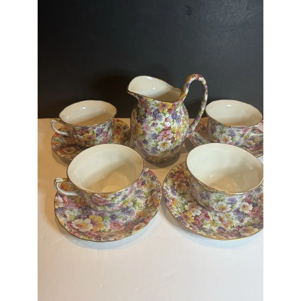 James Kent Dubarry Chintz Large Creamer 4 Cups & Saucers England 9 Pc